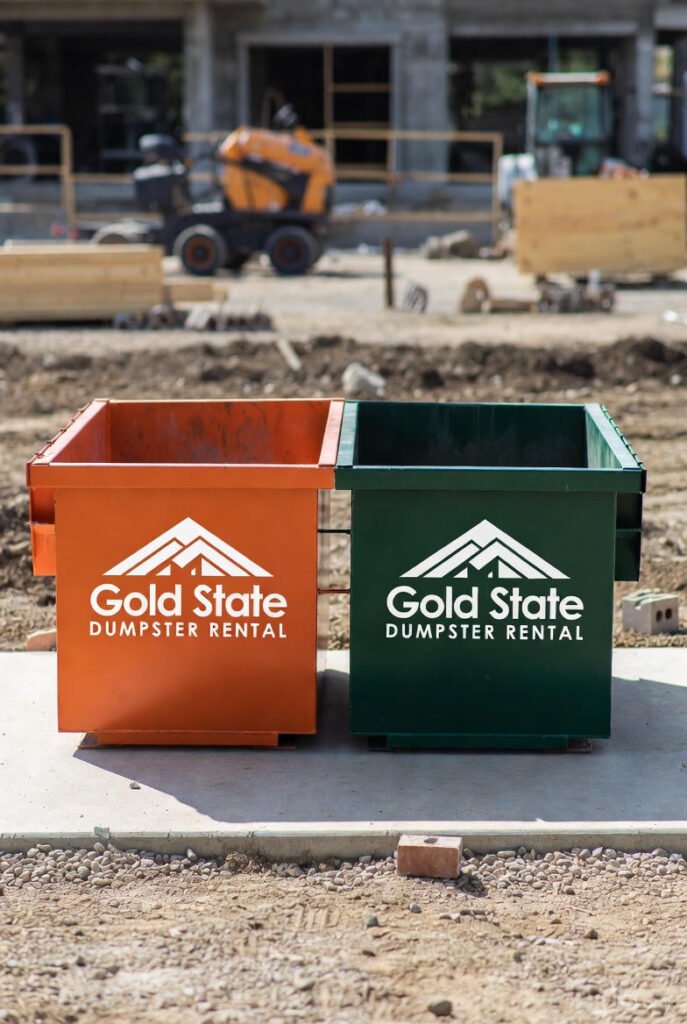 Gold state dumpster rental orange and green dumpsters job site