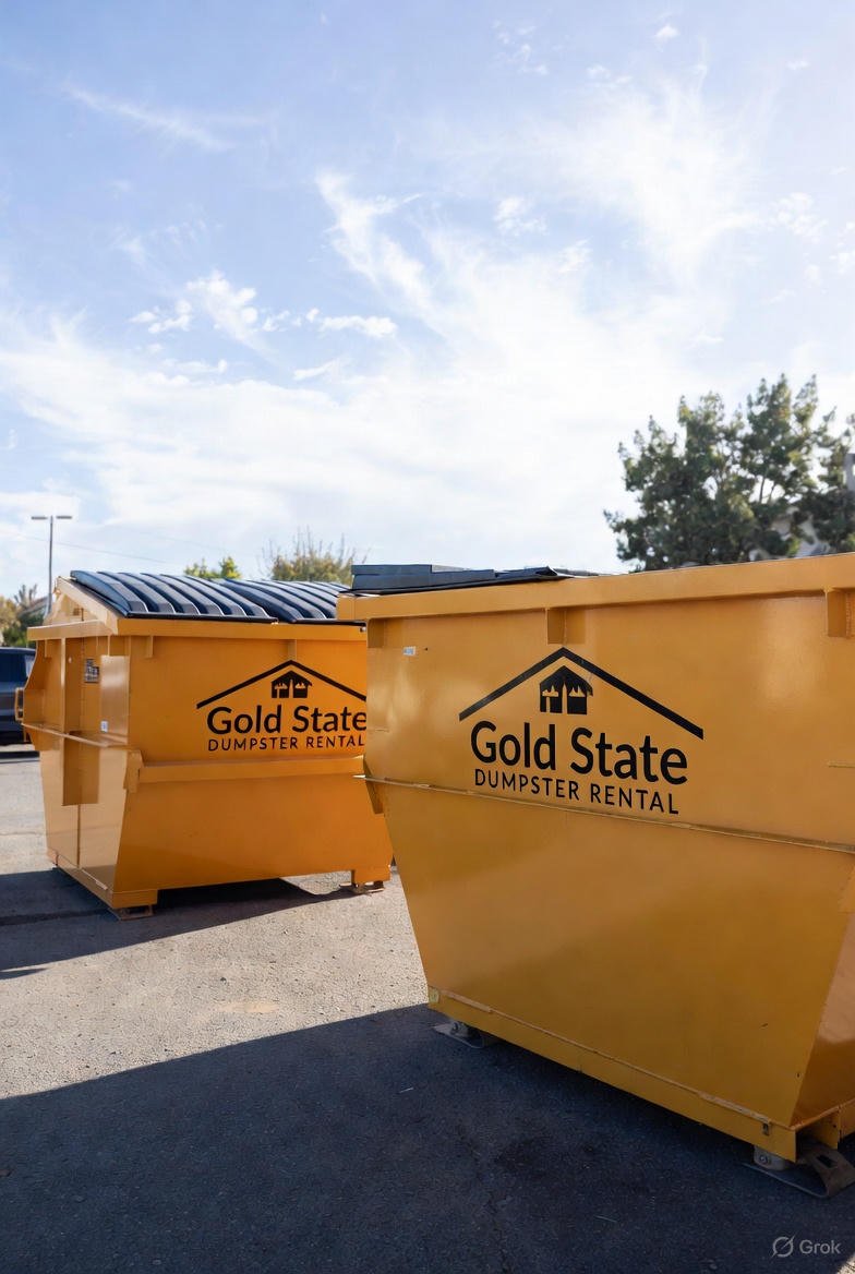 Gold state dumpster rental yellow dumpster logo branded