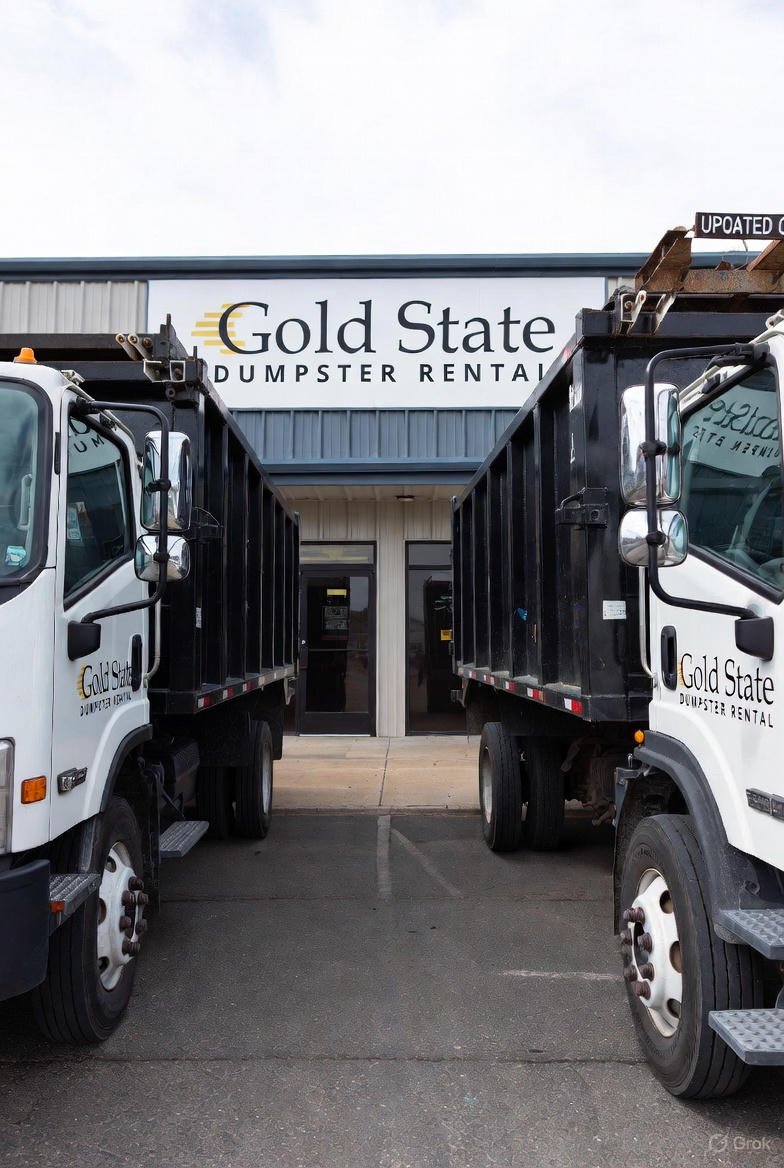 Gold state dumpster rental branded trucks company fleet