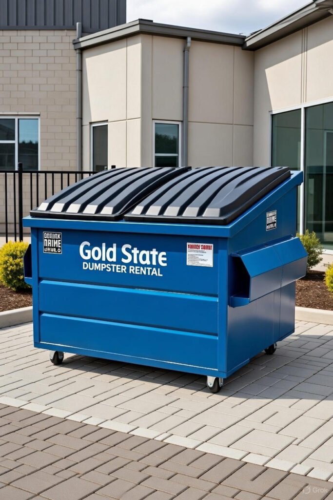 Gold state dumpster rental blue roll off dumpster residential driveway