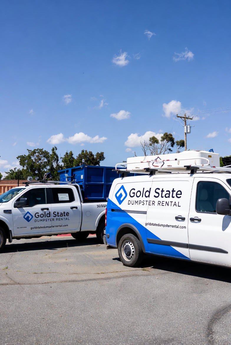 Gold state dumpster rental dumpster truck with branded container
